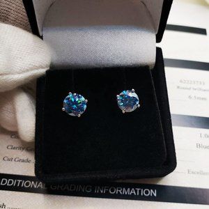 2 Carat Blue Moissanite Stud Earrings- 100% Pass Diamond Tester-Ideal Gift